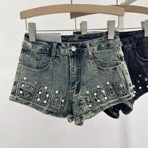 Viviblook Z313PT Pantalones Cortos de Mezclilla para Mujer, Estilo Retro con Remaches, Cintura Baja Elástica, Jeans Cortos para Mujer, Estilo Urbano - Product Image 4