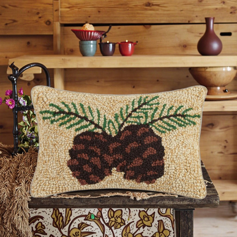 Wool Hook Pillow Pine Cone Design