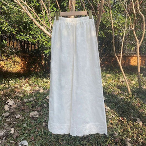 White Wide Leg Pants Lace Trim Mid Waist Breathable Cotton Linen Casual Women's Pants - Product Image 2