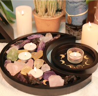 Plateau en Bois Demi-Lune Support de Cristaux Ensemble Présentoir pour Rangement des Pierres Wicca Organisateur Lunaire pour Huiles Essentielles Roches Table d'Autel