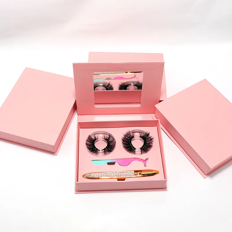 Customize Luxury Mink Eyelashes Packaging Box Plain Pink Paperまつげパッケージとミラーまつげケース