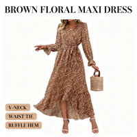 Robe mi-longue en mousseline à col en V et imprimé floral pour femme, avec manches longues évasées, taille à nouer, volants asymétriques et ourlet asymétrique pour soirée