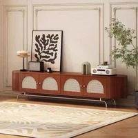 Meuble TV moderne en rotin, console multimédia, meuble de rangement en bois avec portes en rotin pour salon