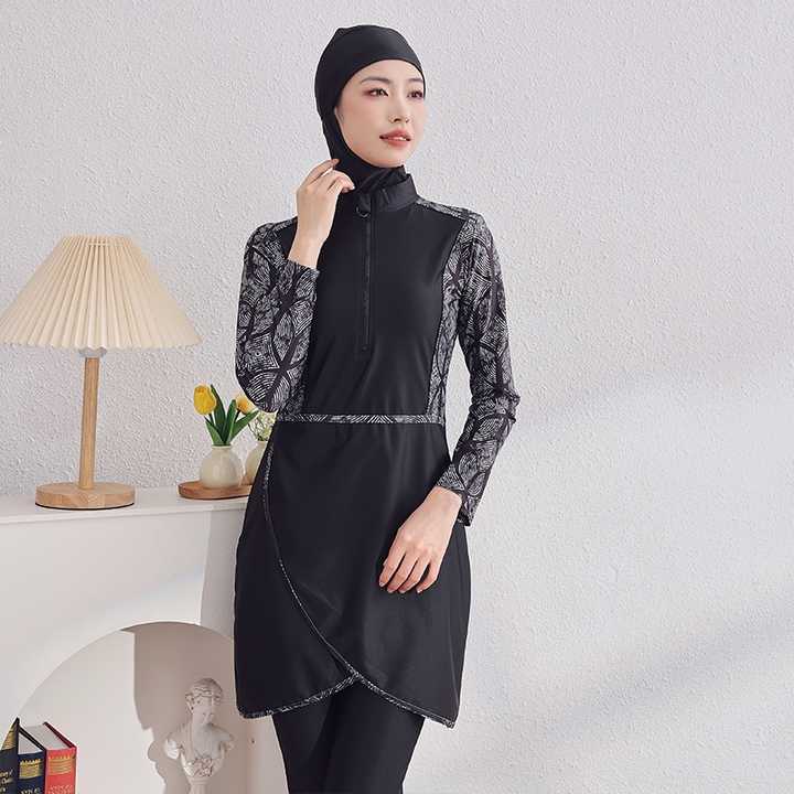 Burkini Damen 3-teilig - Langarm Badeshirt Mit Blumenprint + Schwimmhose + Badekappe | Muslimische Bademode