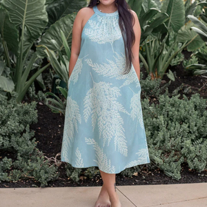 Minimum order quantity design beach print <b>sleeveless</b> halter neck midi <b>dress</b> custom rayon <b>summer</b> <b>dress</b> - Product Image 3