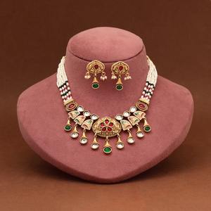Traditional Kundan <b>Pearl</b> <b>Choker</b> Necklace Set with Green Beads - Gold Plated Bridal Jewellery for Weddings & Festivals - Product Image 1