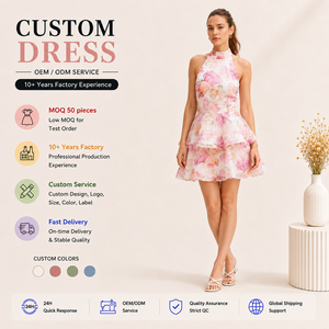 Vestido Midi Bohemio Romántico <span class=keywords><strong>de</strong></span> Verano <span class=keywords><strong>para</strong></span> Mujer, <span class=keywords><strong>de</strong></span> Gasa Blanca con Estampado <span class=keywords><strong>de</strong></span> Peonías en Acuarela Rosa, Cuello Halter, Sin Mangas, con Doble Volante - Product Image 1