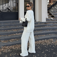 Ensemble Femme Tricot Uni Confortable Souple Col V Torsade Pull Soufflant Pantalon Droit