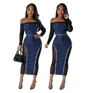 Hot Selling Fashion Suit 2023 Fashionable Mesh Denim Splicing See Through Skirt Women Two Piece Set