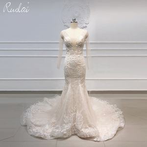 Ruolai فستان زفاف طويل الأكمام حورية البحر عاري الظهر من الدانتيل الكريستال فستان زفاف - Product Image 1