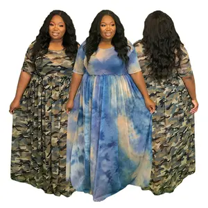 2022 africano Plus Size stampa Fit e svasatura mezza manica Maxi abito da donna grande Swing gonna lunga mimetica