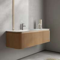 Meuble de salle de bain suspendu à texture ondulée en bois massif avec lavabo intégré et miroir rond LED en option
