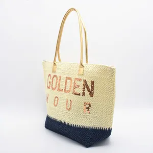 Factory woven Paper grass Embroidered Handbag handmade shopping tote bag women's knitted crochet beach bag