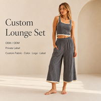 Conjunto de Dos Piezas OEM ODM para Mujer, Top Corto con Ribetes en Contraste Gris Marfil y Textura Acanalada, Pantalones Culottes Anchos, Conjunto Informal