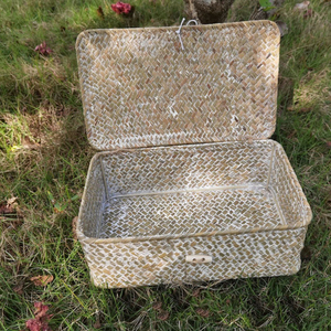 Panier de rangement avec couvercle en jonc de mer naturel, paniers de rangement rectangulaires pour étagère, armoire, organisateur de maison - Product Image 3