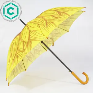 23inch full color sunflower printing promotion straight umbrella with wooden handle for Lithuania market