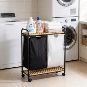 Double Bucket <b>Laundry</b> Cart With Fabric Compartments Wheeled Mobile Storage Rack For <b>Laundry</b> Room Clothing Organizer - Product Image 4