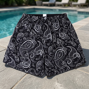 <b>Men</b> Black White Paisley Print Polyester Swim <b>Trunks</b> Regular Fit Quick Dry Woven Shorts - Product Image 1