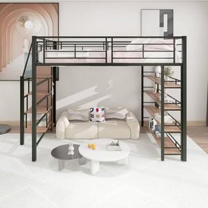 <span class=keywords><strong>Lit</strong></span> <span class=keywords><strong>mezzanine</strong></span> moderne DNF pour enfants 140x200cm avec escalier, rangement sécurisé <span class=keywords><strong>et</strong></span> petites étagères de placard, noir - Product Image 2