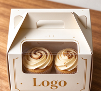 Boîte à cupcakes personnalisée biodégradable avec poignée en feuille d'or ivoire, fenêtre transparente, emballage de luxe pour desserts
