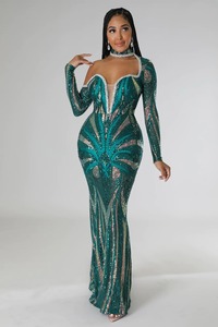 Elegante grüne One Shoulder Halfter Abendkleider mit Steinen Party Sparkling Sequin Compere Meerjungfrau Kleider <span class=keywords><strong>Prom</strong></span> Abendkleid - Product Image 3