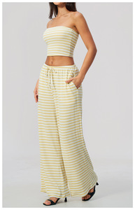 Conjunto de Dos Piezas a Rayas, Pantalones Acampanados de Cintura Alta, Top Corto, Cintura Elástica, Atuendo Casual para Mujer, Poliéster Transpirable, Primavera/Verano - Product Image 5