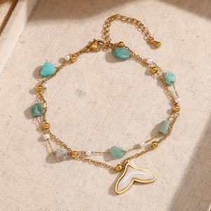 Tobillera de cadena de cuentas de turquesa de doble capa, cola de ballena, piedra Natural, joyería chapada en oro, tobillera de acero inoxidable 316L - Product Image 6