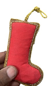 Red and white beaded <b>stocking</b> <b>Xmas</b> decoration artisan embroidered Christmas <b>stocking</b> ornament India manufacturer supplier - Product Image 2