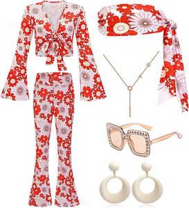 Costume de disco des années <span class=keywords><strong>70</strong></span> pour femmes Ensemble d'accessoires de tenues des années 1970 avec haut chemises pantalons lunettes boucles d'oreilles <span class=keywords><strong>bandeau</strong></span> - Product Image 3