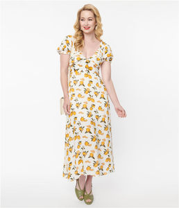 Oem Custom Fashion Casual Modest Summer V Neck Puff Short Sleeves <strong>Lemons</strong> <strong>Print</strong> Flare Maxi Long <strong>Dress</strong> for Women - Product Image 5