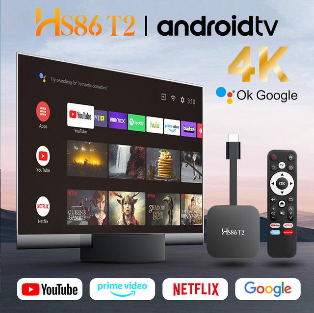 New Brand HS86 T2 Android 14 TV Stick RK3518 Chipset 2.4G/5.8G Dual Wifi6 Stick TV with Multiple Apps Black Mouse Assistance