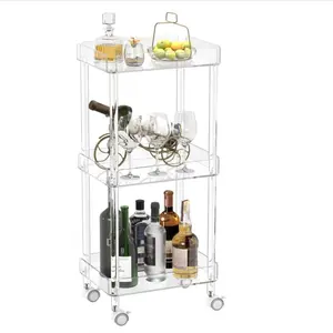 Transparent Luxury Acrylic 3 Tier Mini Rolling Serving Cart with 4 Lockable Wheels for Home Bar, Kitchen, Living Room, Modern