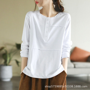 Women Long Sleeve T-<b>Shirt</b> Knitted Polyester <b>Patchwork</b> Buttons Casual Everyday Wear Spring Autumn Green Black White Gray - Product Image 5