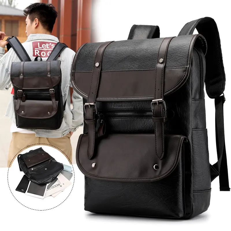 레트로 대용량 PU 방수 학생 배낭 블랙 노트북 가방 세련된 남자 학교 배낭