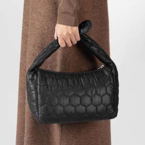 Bolso de Mano Acolchado para Mujer en Nailon Negro Cartera Ligera con Cierre para Dama Elegante Bolso de Hombro con Patrón Hexagonal - Product Image 1