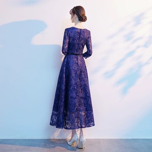 Blue Lace Evening Gown O-Neck 3/4 Sleeve Navy Blue Vintage Style For Banquet Wedding Mother Of Bride Dress - Product Image 4
