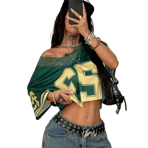 Women Sportwear Polyester Football Jersey Classic Number T-shirt Lace Patchwork V-Neck Sexy <strong>Crop</strong> <strong>Tops</strong> Custom Lace Neck T-Shirt - Product Image 1