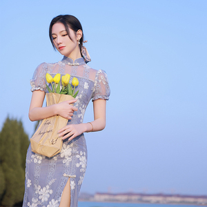 Diseño tradicional chino sentido nicho chica joven estilo <span class=keywords><strong>azul</strong></span> claro vestidos de encaje bordado encaje vestidos de novia <span class=keywords><strong>qipao</strong></span> mujeres fábrica - Product Image 3