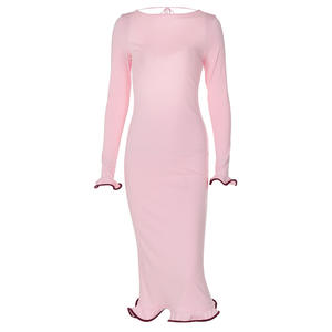 Mujeres elegante sólido manga larga espalda descubierta encaje hasta Sexy Bodycon Maxi vestido de graduación otoño mujeres Y2K ropa fiesta de cumpleaños 3389 - Product Image 6