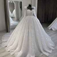 Robe de mariée de bal à manches longues bouffantes, entièrement en dentelle à sequins, col carré, grande taille, personnalisable, vente en gros, fleurs