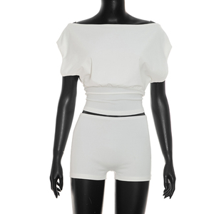 Viviblook J26ST267 Women Casual <b>Set</b> Solid Color Slim Fit <b>Sexy</b> Off Shoulder Short Sleeved T-Shirt Shorts Two Piece <b>Set</b> - Product Image 4