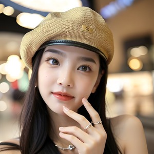Japanese Style Pu Brim Beret For Women Vintage Round Shade Hat Beige Khaki Black Comfortable Summer <b>Painter</b> Hat - Product Image 4