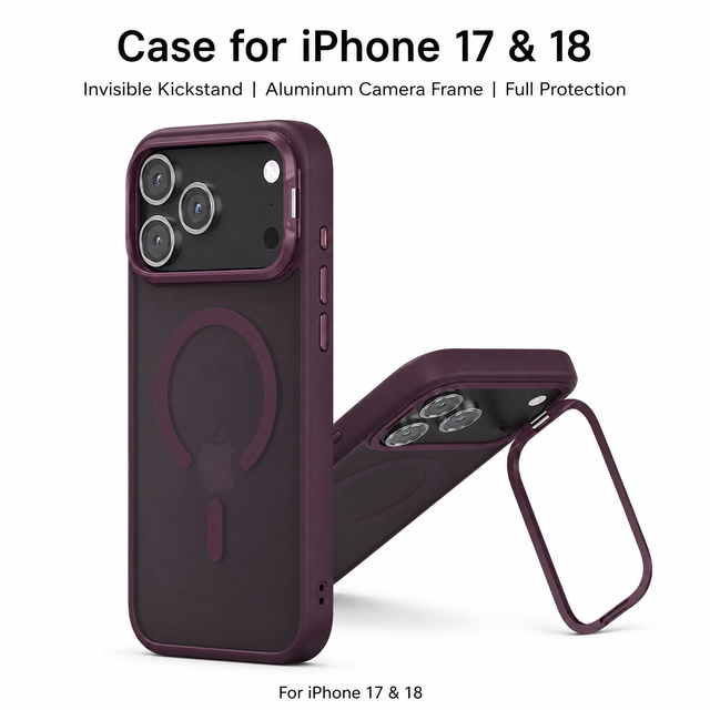 Lens Stand Magnetic Phone Case for iPhone 18 17 Pro Max Aluminum Alloy Frame Frosted PC TPU Shockproof OEM Wholesale