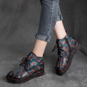 รองเท้าบูทส้นแบนแบบผูกเชือก สไตล์ชาติพันธุ์ย้อนยุค หนังวัวแท้ พื้นนุ่ม สีสันตัดกัน สำหรับผู้หญิง คอลเลคชั่นฤดูใบไม้ร่วง - Product Image 2