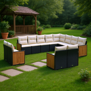 Ensemble de canapés de jardin à pieds réglables en rotin PE noir avec panneaux en teck pour usage extérieur, capacité de 10 personnes et plus, design contemporain - Product Image 2