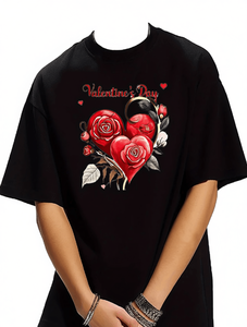 T-Shirt da Uomo per San Valentino con Stampa Cuore di Rose, Collo Tondo, Manica Corta, Design con Rose Rosse sul Davanti, 100% Cotone - Product Image 1