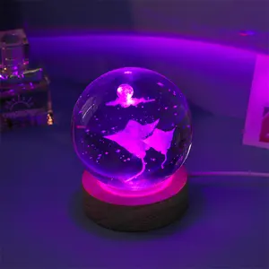 USB charge led Crystal Ball meduse Marine Animal Night Lamp 3D sfera con incisione Laser con Base in resina regali di natale