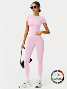 Set celana Yoga lengan pendek wanita, kemeja lengan pendek legging pinggang tinggi untuk atletik Gym 2 potong leher bulat dan celana Yoga - Product Image 3