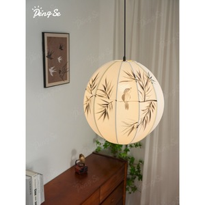 Lampe suspendue en tissu de style japonais néo-chinois, ronde de 40cm, E27 LED, tête unique, pour salon, chambre à coucher, salon de thé - Product Image 1