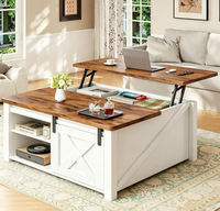 Mesa de Centro Moderna Estilo Fazenda com Tampo Elevável, Armazenamento Oculto, Gaveta Ranhurada, Prateleira Aberta, Superfície de Madeira, Puxador Dourado e Base de 5 Pernas para Sala de Estar